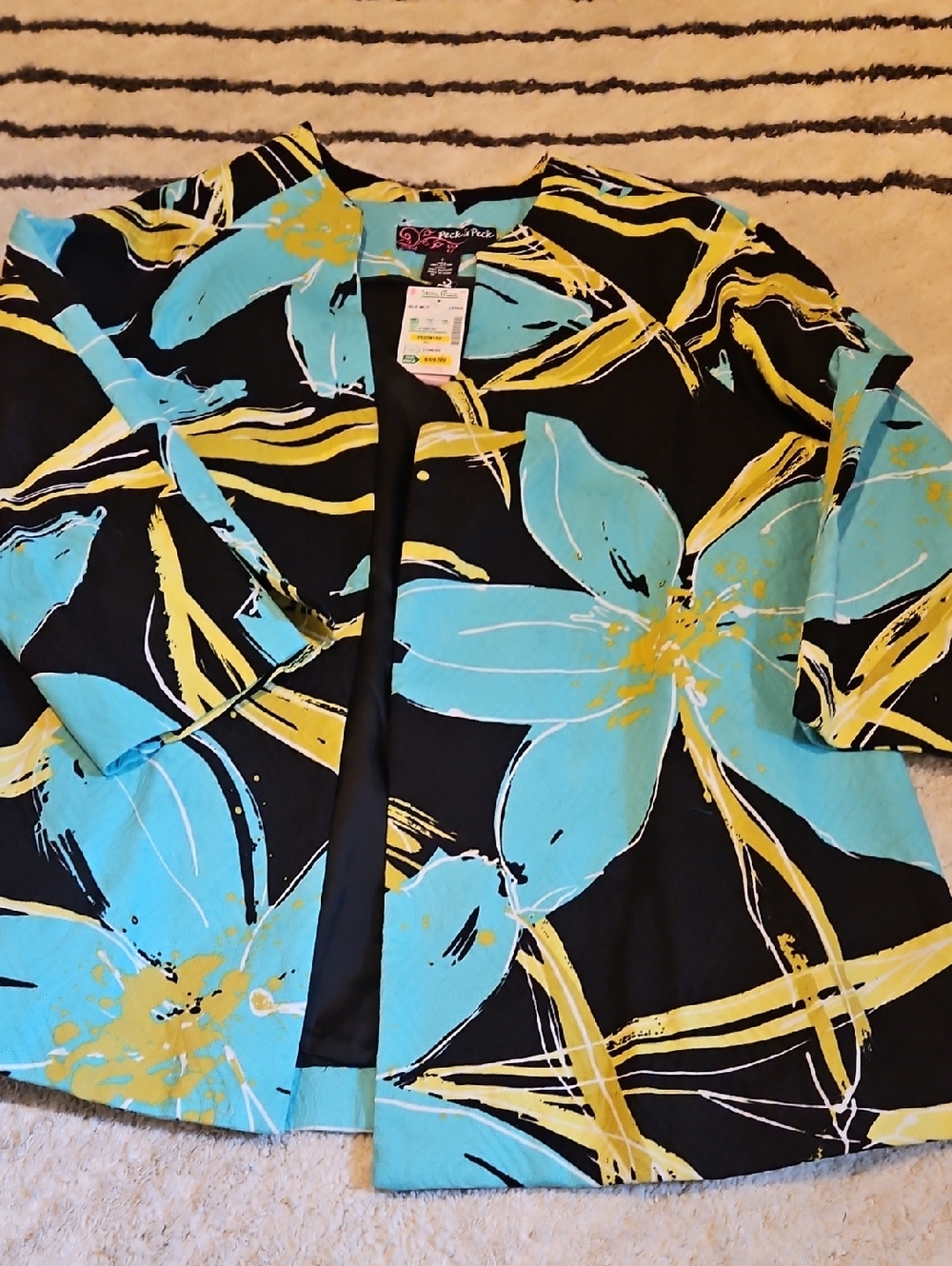 Peck & Peck Aqua, Yellow & Black Floral Open Jacket